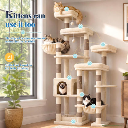 Hey-Brother Cat Tree Tower, Wide Base, 5 Platforms for Multi-Cats, MPJ074MJ | 72.8 Inches Tall Furniture, 5 Plush Beds, Large Condo, Big Hammocks, Sisal Scratching Posts, for Indoor Adult Cat Beige Brown7