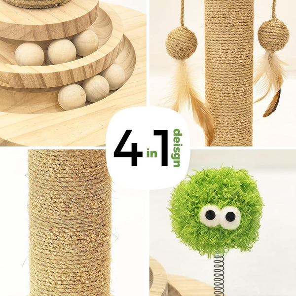 TINYBEAST Wooden Cat Scratching Post Fot Kittens, 4 in 1 Cat Scratcher Toy with Cat Ball Tracks, 18" Tall Sisal Scratch Post for Indoor Kittens, Interactive Feather Toy and 2 Sisal Hanging Balls2
