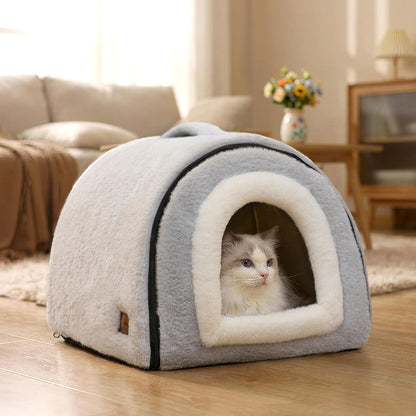 Cat Bed for Indoor Cats，Foldable Cat Cave，Anti-Slip & Water-Resistant Bottom，Cat Houses for Indoor Cats or Small Dogs, Kitten Tent, Rabbit Bed，2 in 1 Pet Bed (Grey)2