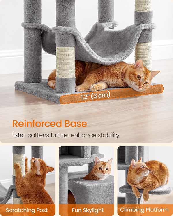Feandrea Cat Tree, 59.5-Inch Tall Cat Tower, Plush Multi-Level Condo with 5 Scratching Posts, 2 Perches, 2 Caves, Hammock, 2 Pompoms, Light Gray UPCT192W017