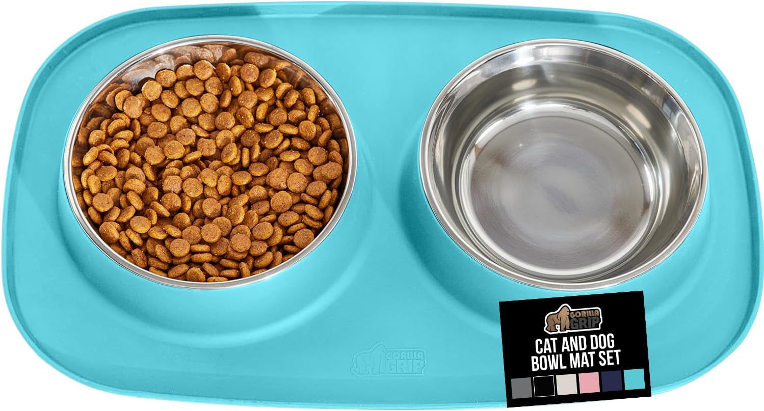 gorilla-grip-patented-dog-bowl-set-with-slip-resistant-silicone-feeding-mat-food-grade-304-stainless-steel-bowls-bpa-free-high-edge-spill-containment-dishwasher-safe-finger-notch-removal-2-cup-gray