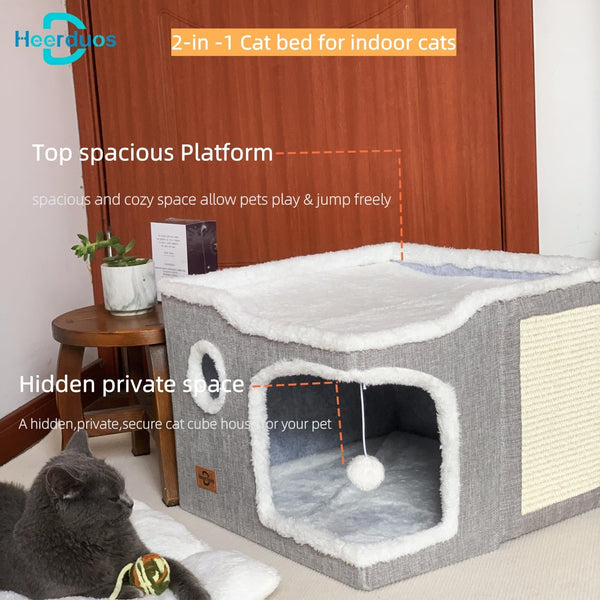 Cat Bed for Indoor Cats,Covered Cat Cave House & Furniture with Scratch Pad,Foldable Cat Hideaway Hut Cute Cat Condo with Soft Washable Mat for Multi Small Pet under 30 Lbs,Light Grey2