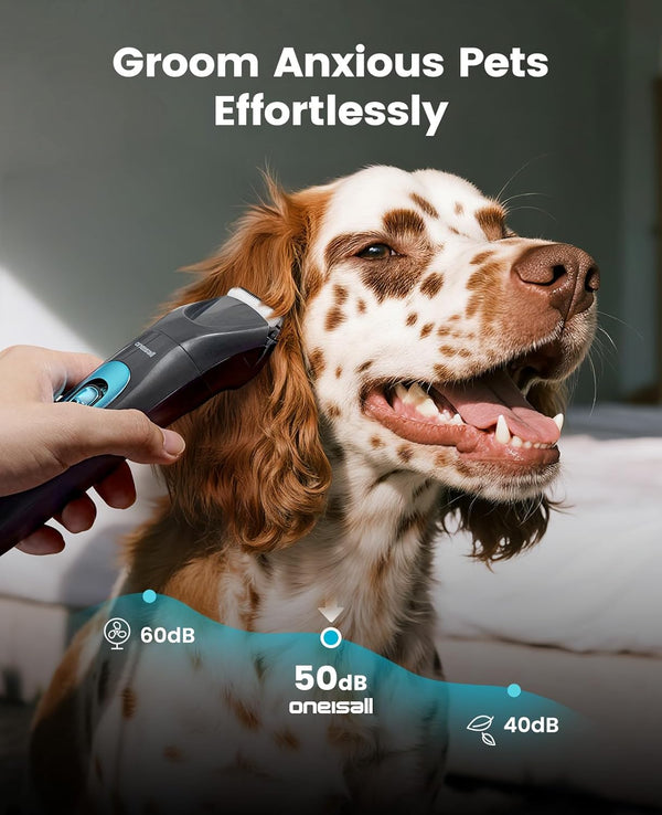 Oneisall Professional 4-In-1 Dog Grooming Kit with LED Light | Quiet Clippers & Nail Grinder, Cordless, 3.7 Hrs Runtime, LED Display, Safe for Paws, Face, Ears & Body3