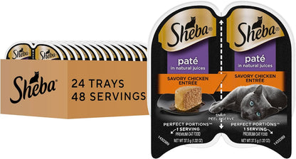 Sheba Perfect Portions Pate Wet Cat Food, Savory Chicken, 2.6 Oz, 24 Ct | Grain-Free, 48 Servings, No Fillers, Made in USA, Real Meat, Complete & Balanced, Essential Vitamins, Twin-Pack Trays1
