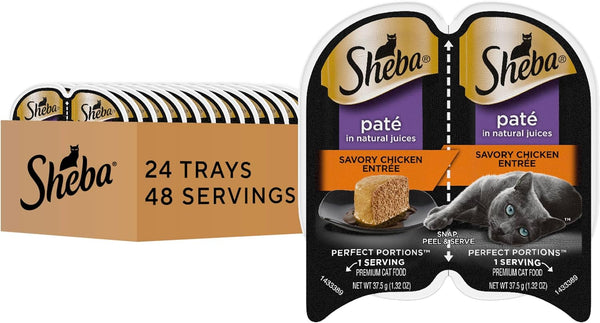 Sheba Perfect Portions Pate Wet Cat Food, Savory Chicken, 2.6 Oz, 24 Ct | Grain-Free, 48 Servings, No Fillers, Made in USA, Real Meat, Complete & Balanced, Essential Vitamins, Twin-Pack Trays1
