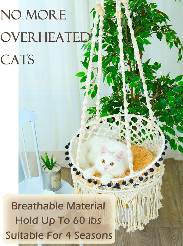 KARCEEY Macrame Cat Hammock - Hanging Cat Bed for Wall & Window - Boho Swing with Full Hardware Kit & Nip Toy - Stable Heavy Duty Design for Large & Senior Felines up to 60Lbs6