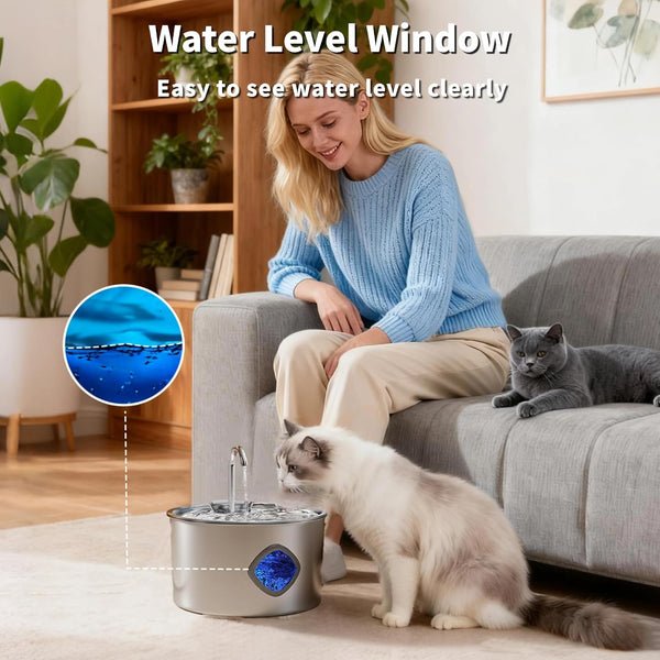 Cat Water Fountain Stainless Steel: 108Oz/3.2L Cat Fountain for Drinking - Pet Water Fountains for Cats Indoor - Cat Water Bowl Dispenser - Pets Feeding & Watering Supplies - Water Level Window4