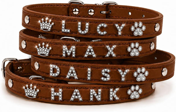 Customized Dog Collar and Leash Set with Name, Rhinestone Letter PU Leather Collar, Adjustable Bling Pet Collar with Crown & Paw Charms for Dogs, Brown6