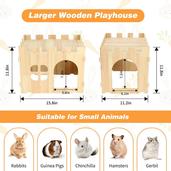 BWOGUE Large Wooden Bunny Hideout,Detachable Rabbit Castle for Small Animal | Wooden Rabbit Hideout, Wooden Rabbit Hideaway, Bunny Houses and Hideouts, Two Doors, 2-Story Play & Rest, Indoor Rabbit2