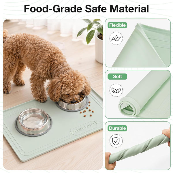 22X19 Pet Feeding Mat Waterproof Nonslip Cats and Dogs Water Bowl Mat | Silicone 0.59" Raised Edges Contain Food & Water Spills, Easy to Clean, Bpa-Free, Reinforced to Resist Collapse,Light Green6