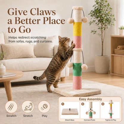 30 Inch High Cat Scratching Post with 4 Plush Teasing Toy Balls, Natural Sisal Rope Post and Thickened Base, Red Green Yellow White6