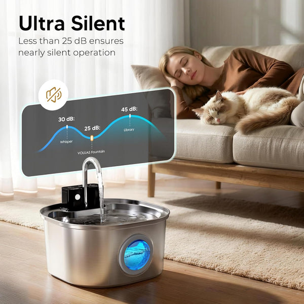 Voluas Stainless Steel Cat Water Fountain, Wireless, 108Oz/3.2L, 1 Filter | Cordless Design, Ultra-Quiet Pump, Easy to Clean, Bpa-Free3