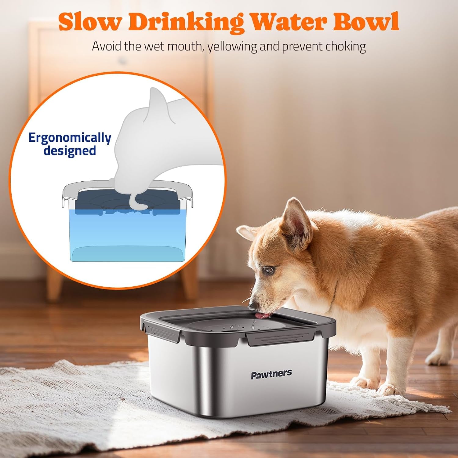 pawtners-stainless-steel-dog-water-bowl-no-spill-152oz-4-5l-grey-slow-water-bowl-for-dog-with-filter-non-slip-base-no-splash-water-bowl-for-medium-large-messy-drinkers
