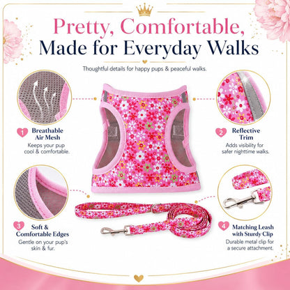 Step in Dog Harness Leash Set- All Weather Reflective No-Pull Floral Pattern Padded Mesh Vest Harness for Cats Puppy Extra-Small Small Medium Large Dogs - Pink Flower - S2