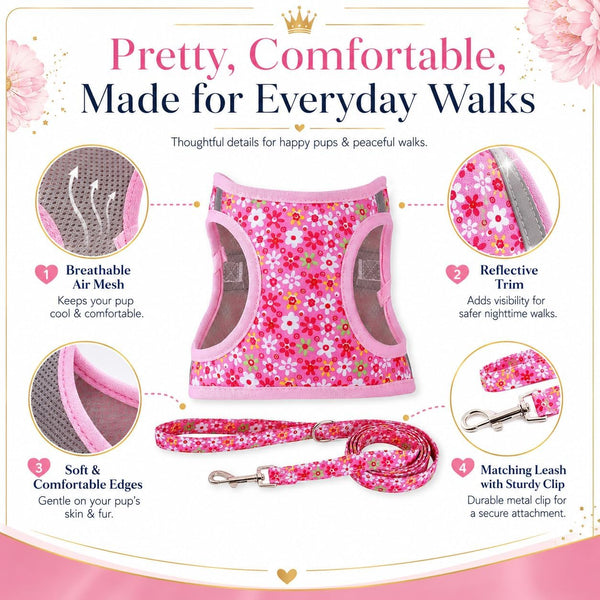 Step in Dog Harness Leash Set- All Weather Reflective No-Pull Floral Pattern Padded Mesh Vest Harness for Cats Puppy Extra-Small Small Medium Large Dogs - Pink Flower - S2