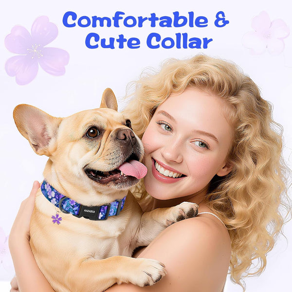 Kazazoo Dog Collar Cute and Soft Nylon Puppy Collar Girl Dogs, Adjustable Purple Dog Collars for Medium Dogs, Purple Flowers-M5