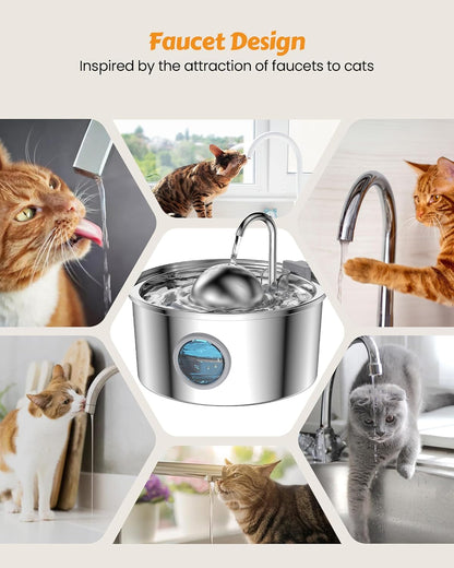 AONBOY Cat Water Fountain Stainless Steel, 108Oz/3.2L Cat Fountain, Pet Water Fountain with Water Level Window, Hemispherical Shape, Multi-Filter, Silent Pump, Water Tap, Provides Flowing Water9