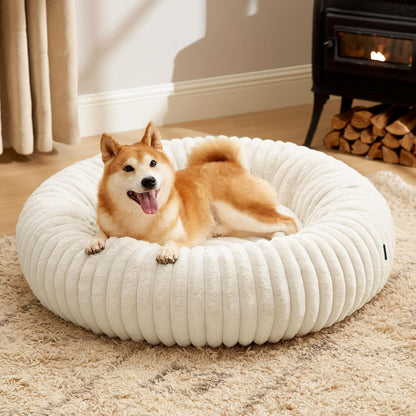 Bedsure Comfyfleece™ Donut Large Dog Bed - Washable Faux Fur with Corduroy Fleece & anti Slip Bottom, round Pet Bed with Removable Cover, Camel Brown, 36X36X8 Inches | 36X36X8In,Calming round Pet Bed,Support Plush , with Removable Corduroy Fleece for Big Dog,Anti Slip Bottom,Camel Brown19