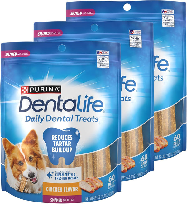 Dentalife Purina Daily Oral Care Dental Dog Treats, Small/Medium, 60 Ct | for Small and Medium Dogs 20-40 Lbs, Chicken-Flavored Dental Chews, Freshen Breath and Fight Tartar Buildup, Made in the USA1