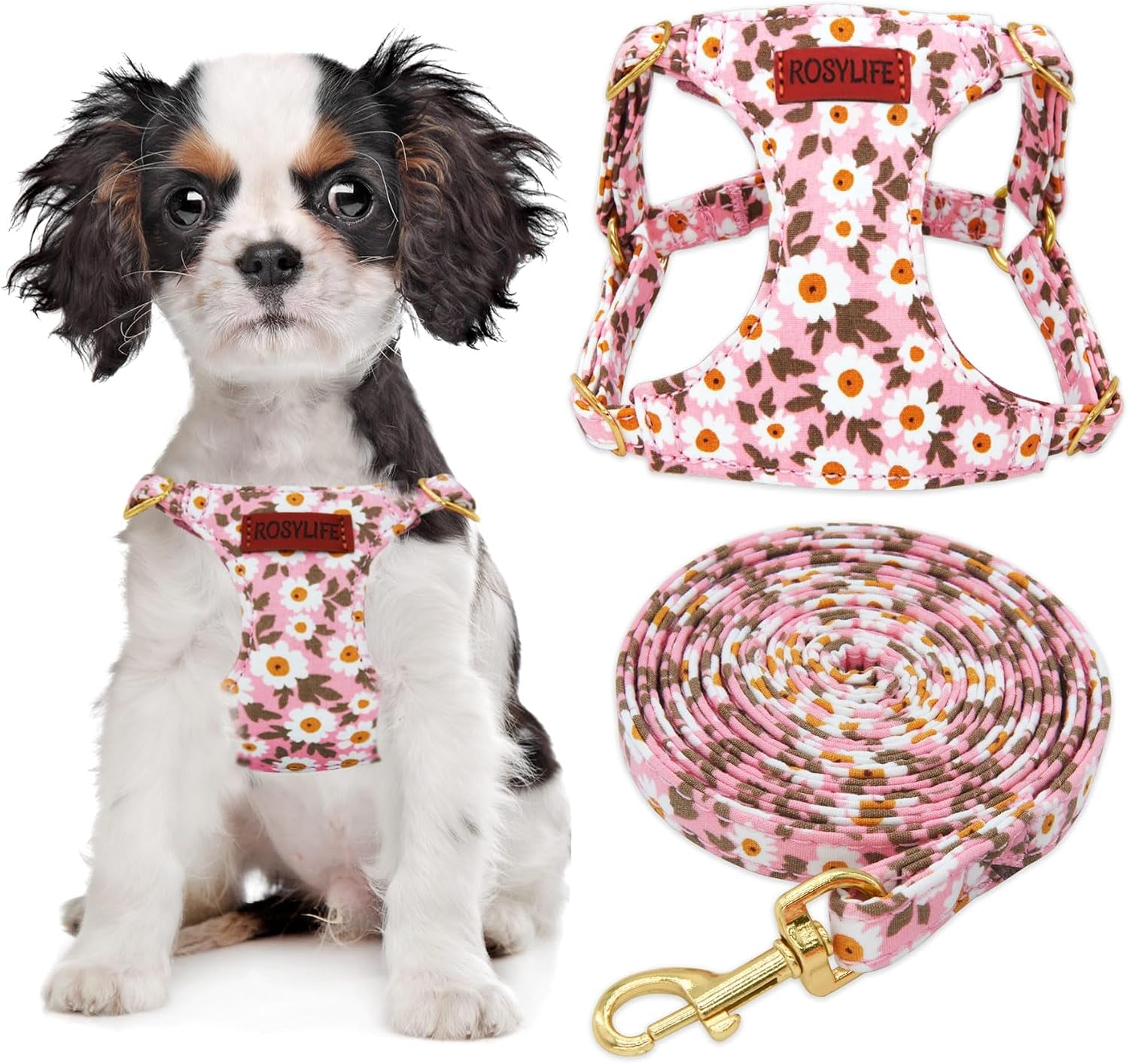 no-pull-dog-harness-leash-set-adjustable-xx-small-pink-daisy-fashionable-cute-stylish-escape-proof-includes-leash