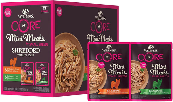 Wellness CORE Small Breed Mini Meals Shredded Variety Pack Adult Wet Dog Food, Grain Free, Natural, 3 Oz, Pack of 121