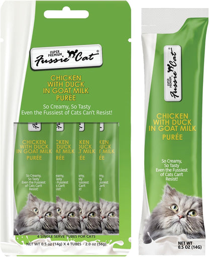 Fussie Cat Premium Tuna with Salmon in Goat Milk Puree, Lickable Cat Treats, 0.5Oz Pouch Pack of 411