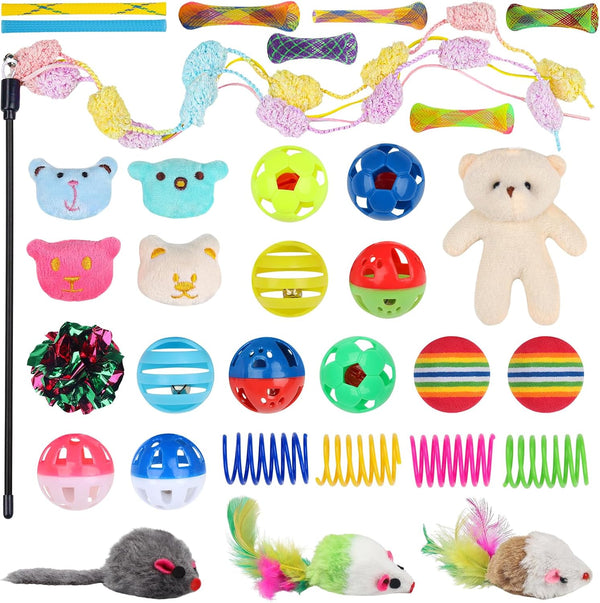 QUOZUO 30 Pcs Cat Toy Kitten Toys Set, Interactive Cat Toy Wand Cat Springs Ball Toy with Bells, Cat Toys for Bored Indoor Cats, Gift Box Styles2