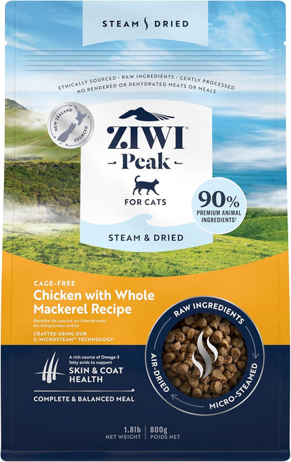 ZIWI Peak Steam & Dried Cat Food – Cage-Free Chicken W/Whole Mackerel - High Protein, Skin & Coat Health, Low Carb, for All Life Stages (28.8Oz)1