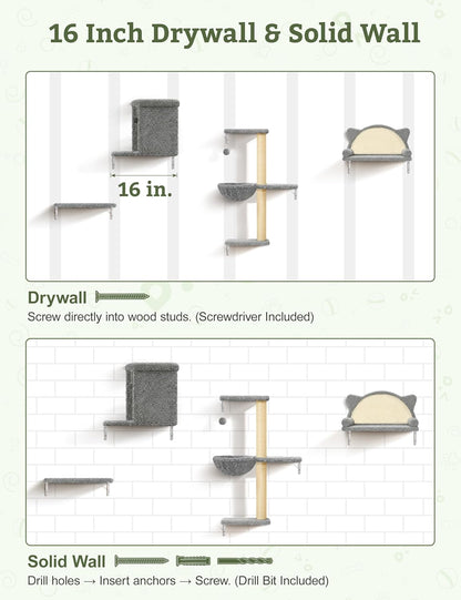 5-In-1 Cat Wall Shelves, Solid Wood Cat Wall Furniture Set for Indoor Cats | 44 Lb per Shelf, 72-Hour Load Tested, Pre-Drilled, Fits 16 In. Stud Drywall & Solid Walls, for Small to Medium Cats7
