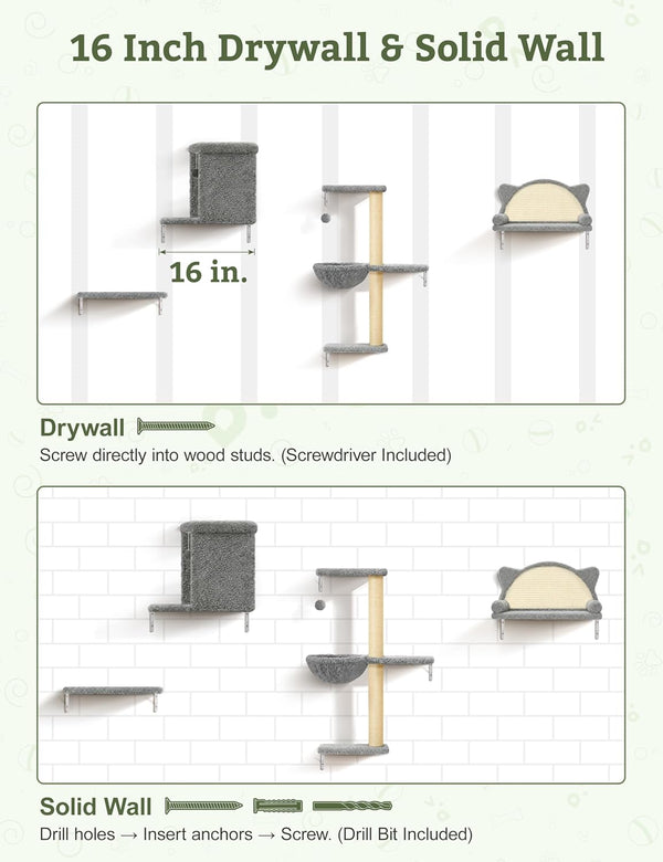 5-In-1 Cat Wall Shelves, Solid Wood Cat Wall Furniture Set for Indoor Cats | 44 Lb per Shelf, 72-Hour Load Tested, Pre-Drilled, Fits 16 In. Stud Drywall & Solid Walls, for Small to Medium Cats7