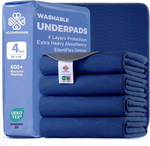 Accompagner Incontinence Bed Pads Washable Waterproof, Ultra-Absorbent Reusable Underpads for Diaper Changing, Nursing, Bedridden, Adults, Seniors, Kids and Dogs (Blue, 24"X24"(Pack of 6))33