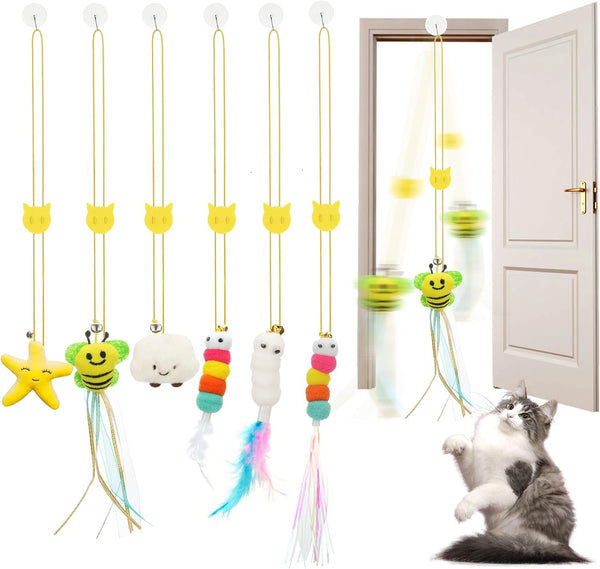 JIARON 6 PCS Interactive Cat Feather Toys, Indoor Hanging Retractable Cat Toy, Self Play Toys Make Fun Excecise1