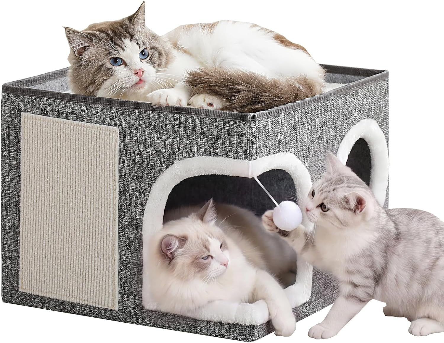 cat-beds-for-indoor-cats-large-cat-cave-house-with-scratch-pad-and-fluffy-ball-foldable-cat-condo-hideaway-modern-kitten-bed-grey