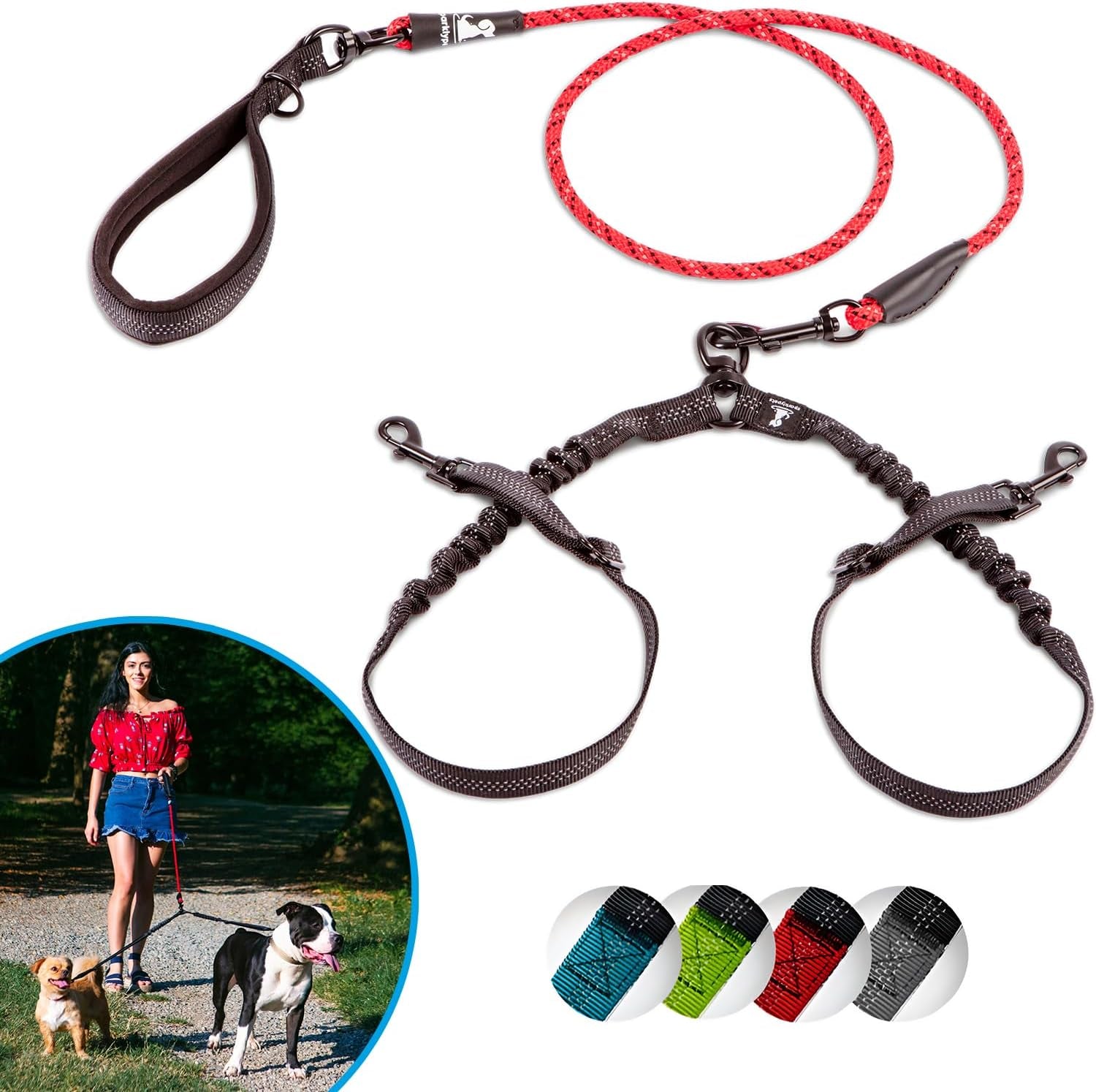 sparklypets-double-dog-leash-for-2-dogs-rope-bungee-dual-leash-for-medium-and-large-breeds-with-padded-handles-tangle-free-teal-medium-large
