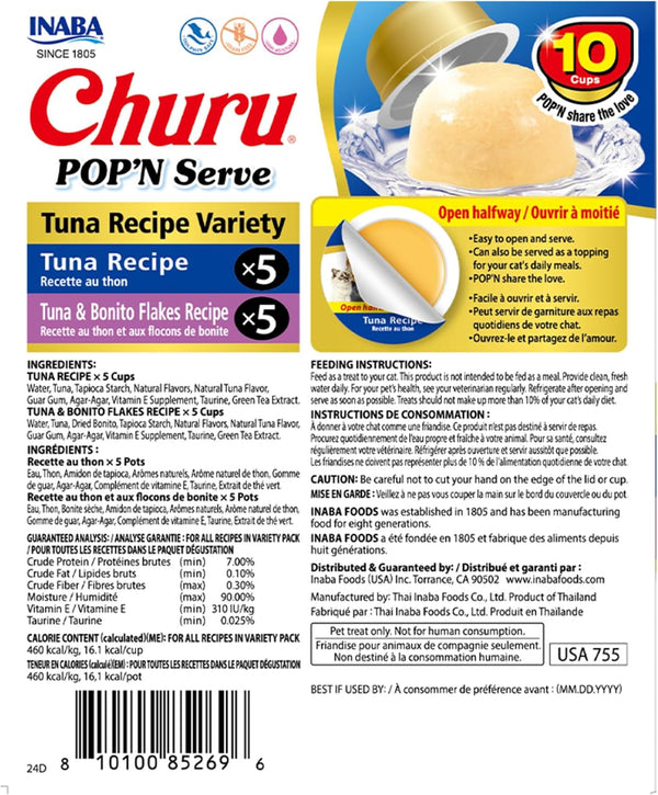 INABA Churu Pop'N Serve Lickable Cat Treats, Tuna Variety, 10Ct | Immune Support, 90% Moisture, 16 Calories, Soft Jelly, Easy-Serve Cup, Grain-Free, 10 X 1.2 Oz Cups7