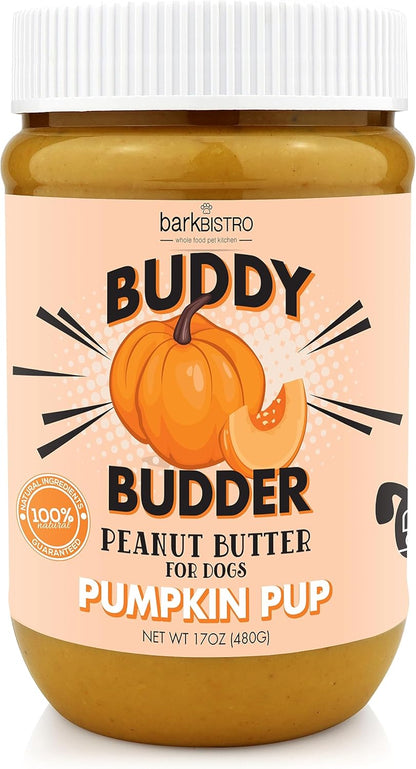 Pumpkin Pup Buddy BUDDER, 100% Natural Dog Peanut Butter, Healthy Peanut Butter Dog Treats, Made in USA, (17Oz Jars)1