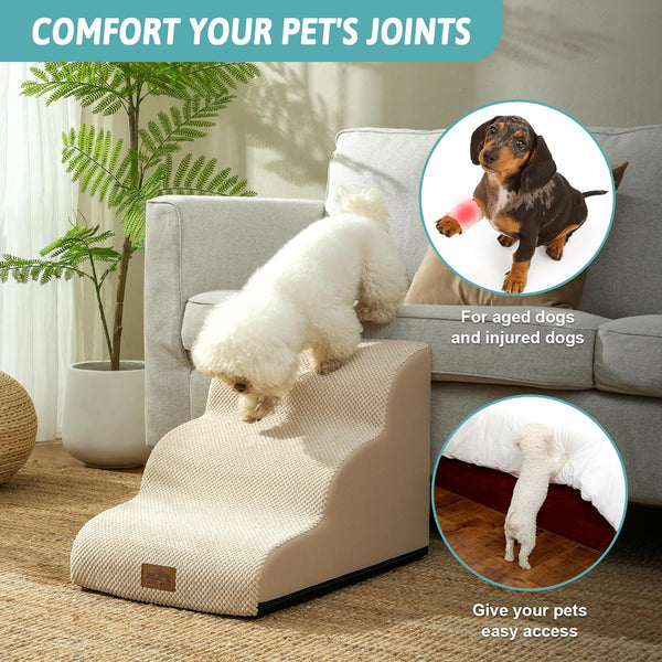 COZY KISS Dog Stair for Small Dog 15.7" H, 3 Step Pet Ramp for Couch | Curved Stable Dog Step for Puppy, Older Cat, Senior, Medium, Short-Legged Dog, Non-Slip Ladder, 15.7X22.4X15.7 Inch, Beige3