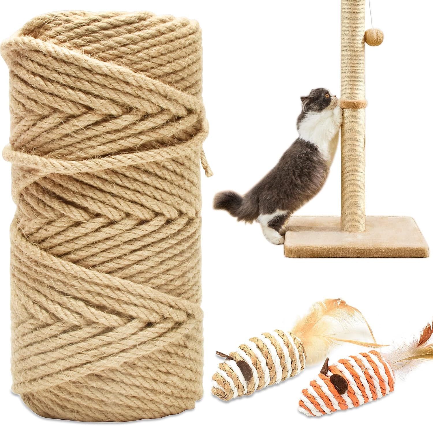 328ft-1-4-inch-cat-scratching-sisal-rope-for-cat-trees-posts-thick-white-jute-rope-with-2-cat-mouse-toys-for-scratch-posts-cat-towers-diy-projects