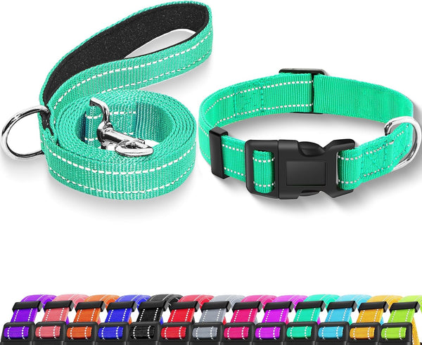 Reflective Dog Collar with Safety Locking Buckle, Adjustable Soft Breathable Nylon Collars for Small, Medium and Large Dogs(Collar+Leash XS Width 5/8" Turquoise) | Adjustable Soft Breathable Nylon Collars for Small, Medium and Large Dogs (XS Width 5/8" Turquoise)1