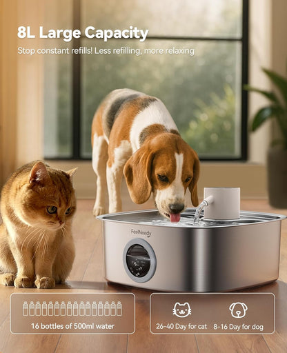 Cordless Wider Tray Dog Water Fountain, 5000Mah Battery Operated Dog Water Bowl Dispenser with 3 Motion Sensor, FEELNEEDY Stainless Steel Pet Water Fountain for Multi-Pets, Easy Setup & Clean, 8L8