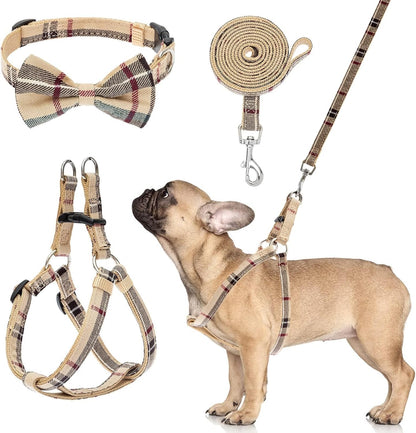BINGPET Dog Harness Collar Leash Set,Adjustable No Pull Escape Proof Small Dog Harness,Classic Plaid Puppy Harness and Leash Set for Small Medium Large Dogs Training Easy Walk Running(Beige,S)1