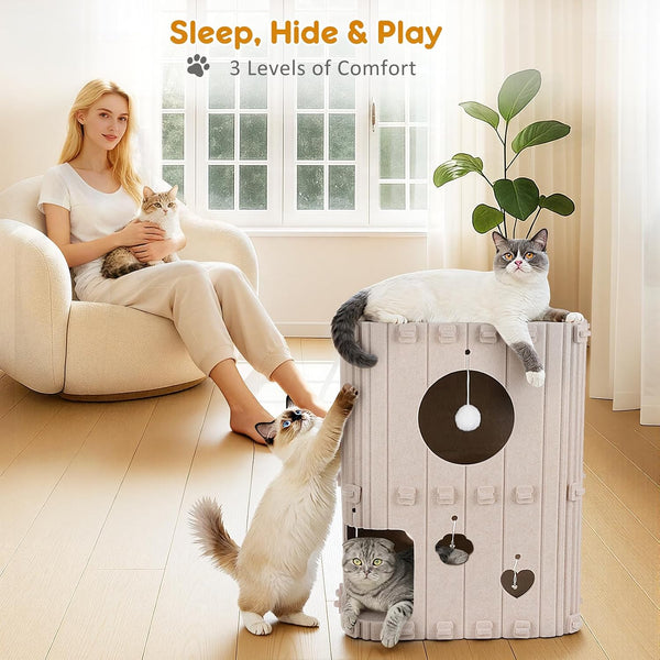 Cat House for Indoor Cats - 2-Story Enclosed Cat Bed Cave for Multiple & Large Cats, Felt Covered Pet Hideaway Tunnel Condo House, Kitty Hut Hideout Cube, Scratch Resistant, Beige3