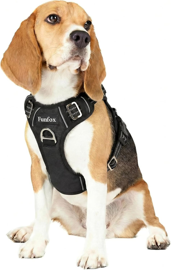 Funfox Dog Harness Medium Sized Dog, Vertical Handle Easy Control, No Pull Pet Vest Adjustable with 2 Leash Clips, Soft Material, Reflective Safe Night Walking for Small Medium Large Breed, Black, M1