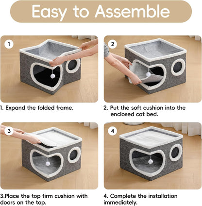 Cat Houses for Indoor Cats, Large Covered Cat Cave Beds & Furniture with Scratch Pad and Fluffy Ball,Foldable Cat Hideaway for Kitten,16X16X13 Inches, Grey6