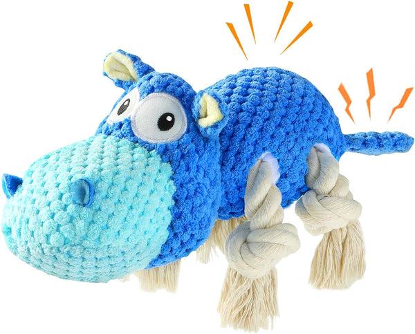 TOOPTATE Hippo Squeaky Dog Toy, Blue, Medium | Cute Plush Design, Rope Legs for Tugging, Helps Keep Dogs Busy, Suitable for Small, Medium, and Large Dogs1