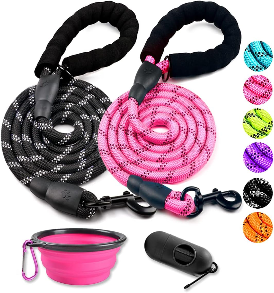 cooyoo-2-pack-dog-leash-5-ft-heavy-duty-comfortable-padded-handle-reflective-dog-leash-for-medium-large-dogs-with-collapsible-pet-bowl
