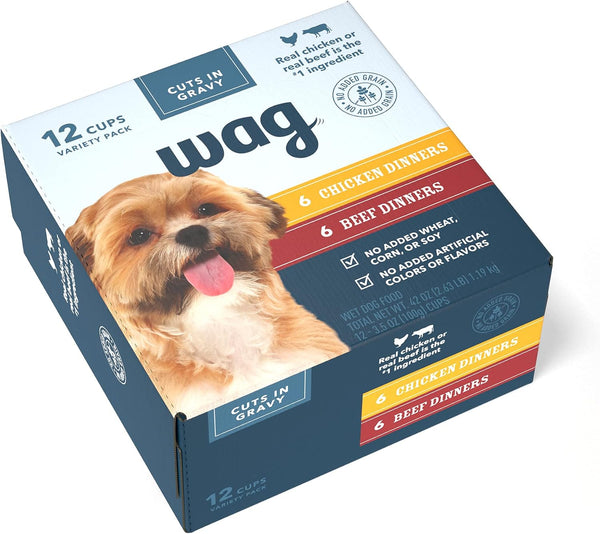 Amazon Brand – Wag Wet Dog Food Cups, Chicken & Beef in Gravy Variety Pack, 3.5Oz, 12 Pack1