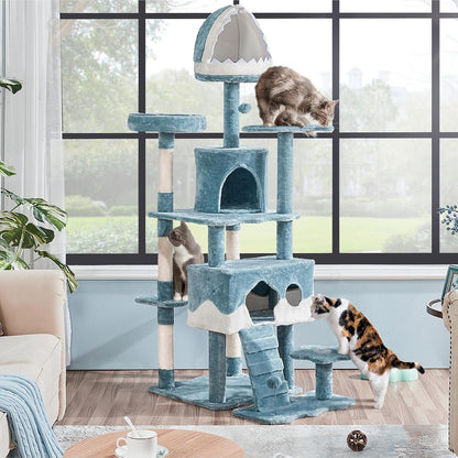 Yaheetech 72.5In Shark Cat Tree, Shark Mouth Bed, 2 Condos, Blue & White | Ocean-Themed Design, Multi-Level Layout, 2 Wide Perches, Interactive Toys, Sturdy Anti-Wobble, Spacious for Multi Indoor Cats2