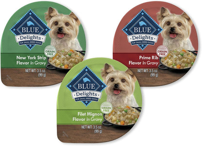 Blue Buffalo Delights Variety Pack Natural Grain Free Wet Dog Food for Small Breed Dogs (Filet Mignon Flavor & New York Strip Flavor) in Gravy with Natural Ingredients, 3.5-Oz. Each (12 Cups)14