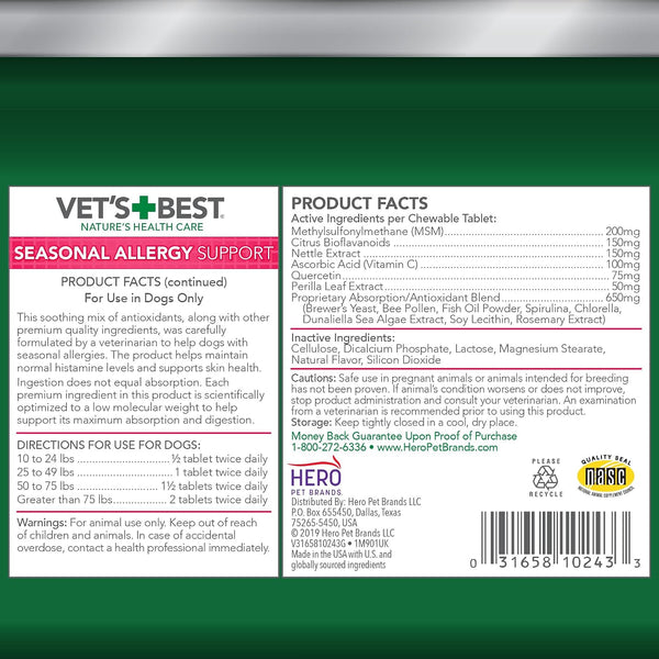 Vet'S Best Seasonal Allergy Chewable Tablets for Dogs, Soothes Dog, 60Ct | Seasonal Allergy Relief Tablets, Helps Soothe Itchy Skin, Supports Healthy Skin & Coat, Daily Chewable Formula6